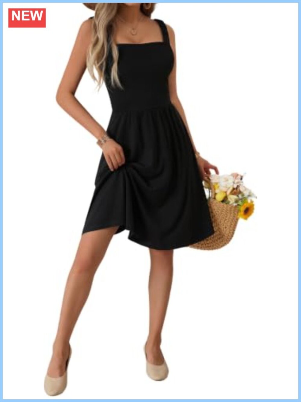 Women's Square Neck A-Line Sundress with Pockets Sleeveless Casual Midi Dress
